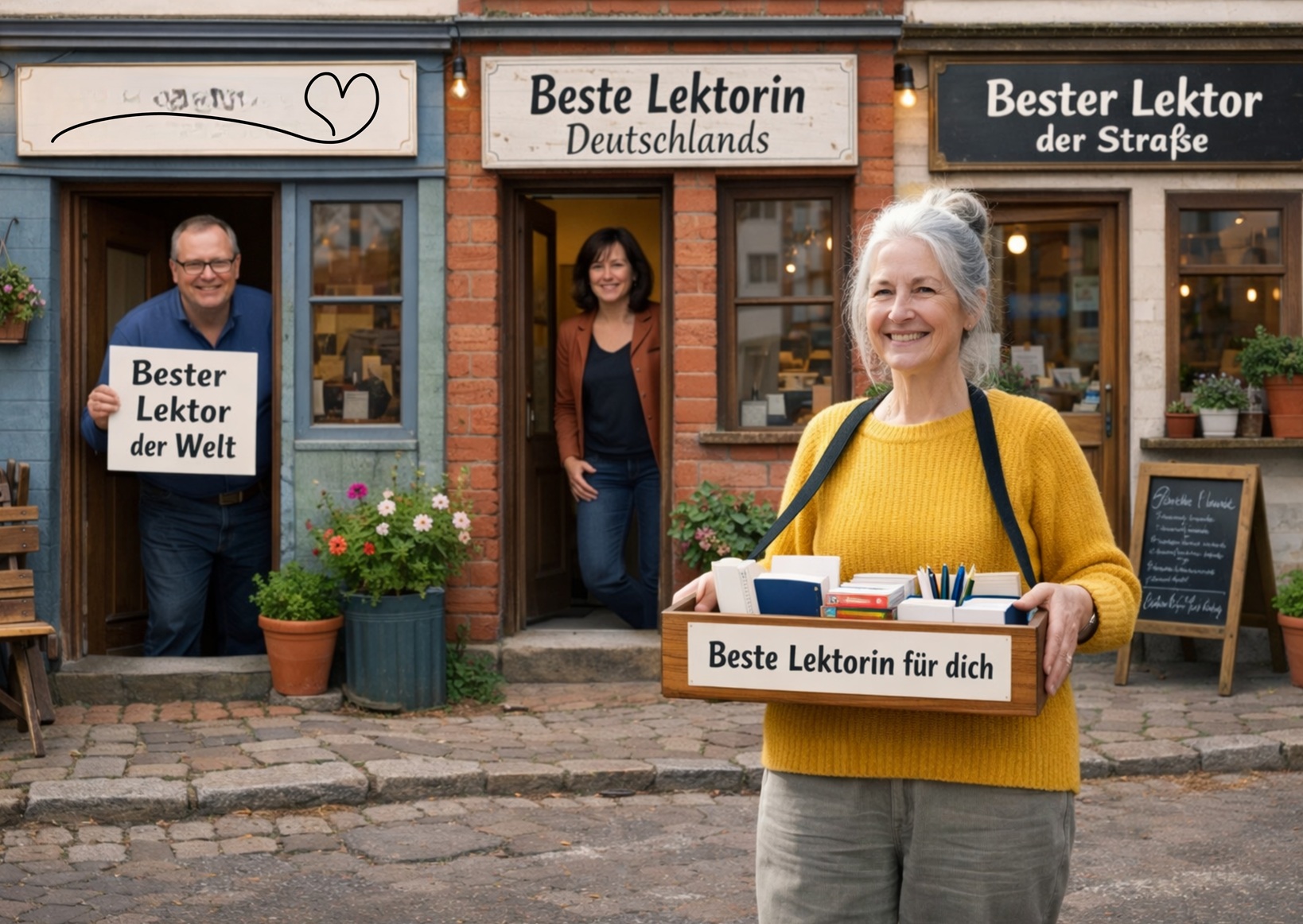 Mehrere Lektoren preisen sich an und überbieten sich mit Superlativen. KI-generiert.